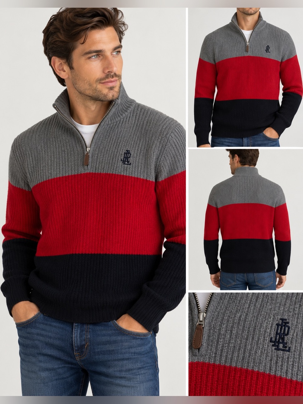 Lauren Ralph Lauren Colorblock Quarter-Zip Sweater – M – Red Gray Navy